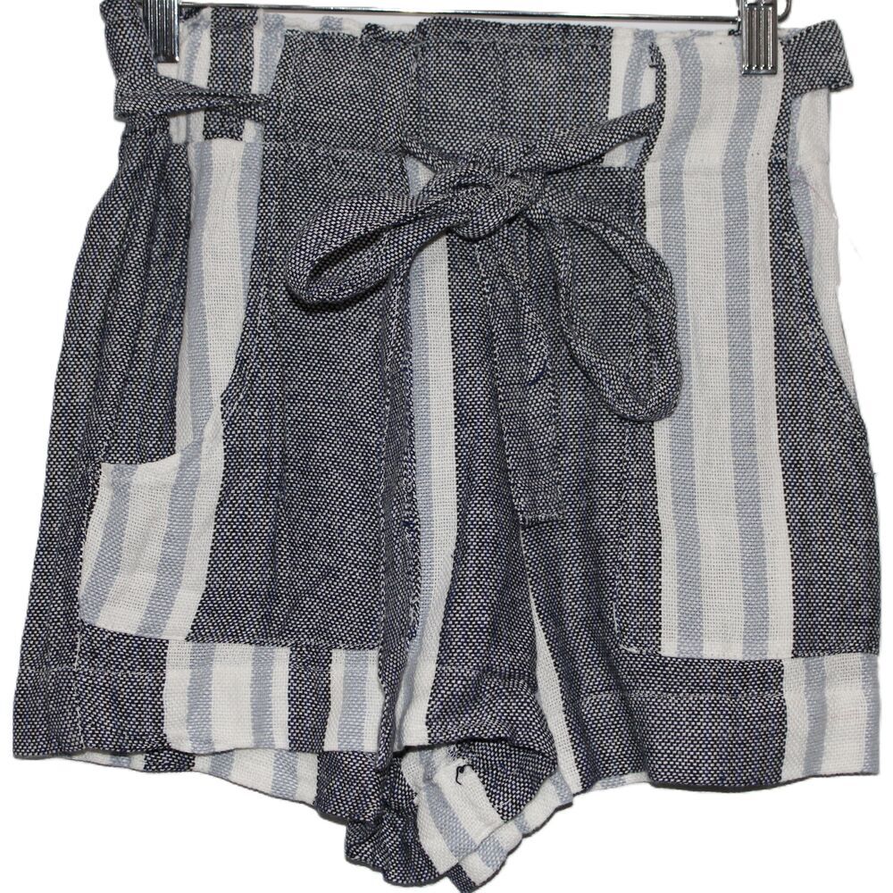 Womens Indigo Rein Blue Striped Linen Blend Paperbag High Waisted Shorts Size S